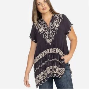 Johnny Was Navy Fletcher Flowy Boho Embroidery Floral Rayon Top Sz Large